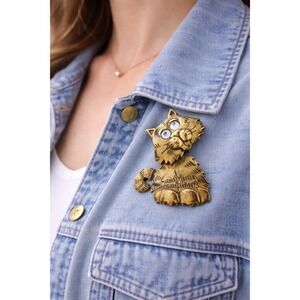 Vintage JJ Jonette Jewelry Cat Brooch Gold Bronze Tone Movable Head Googly Eyes